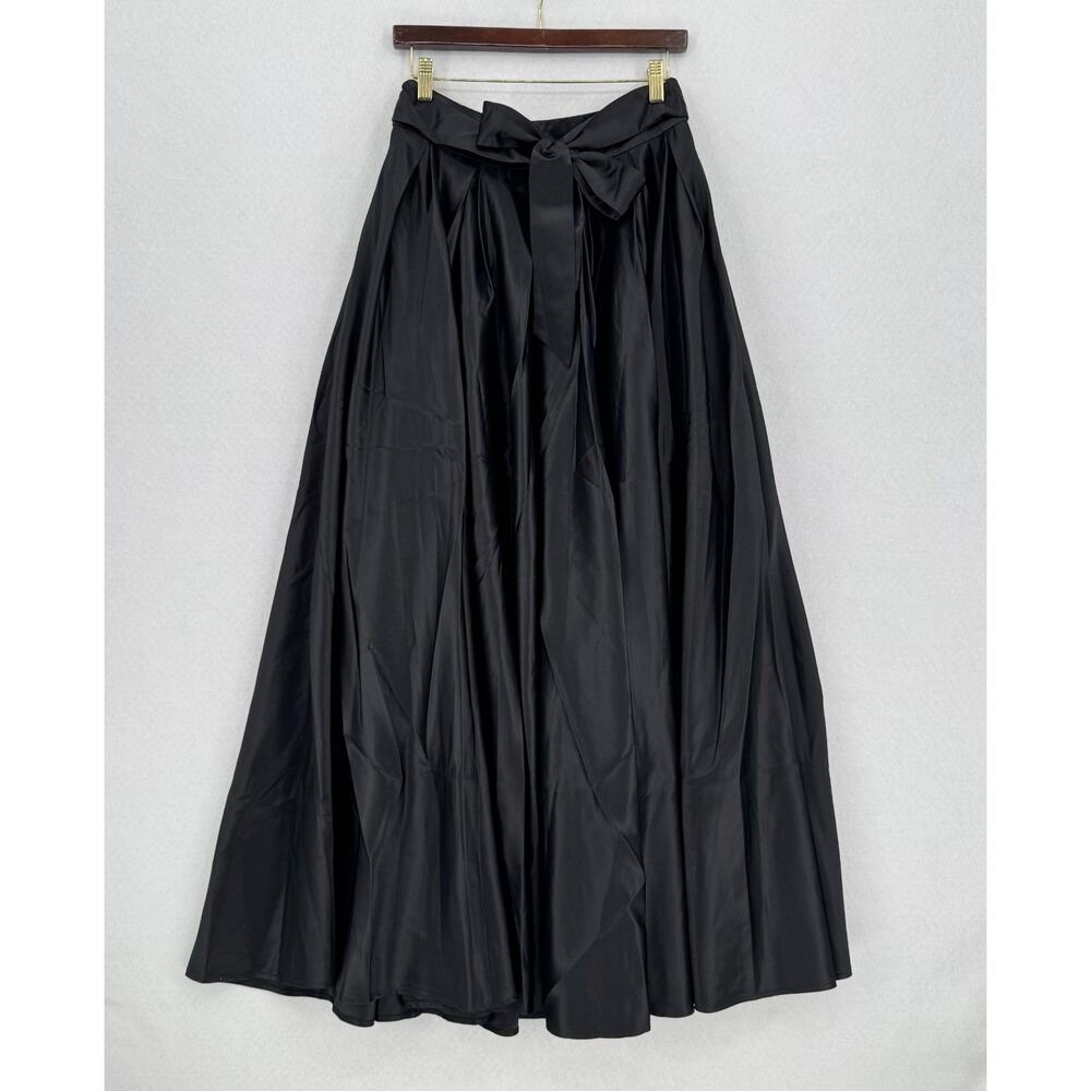Gracia Black Satin Taffeta Tie Waist Sash Pleated Midi A Line Skirt Sz S NEW
